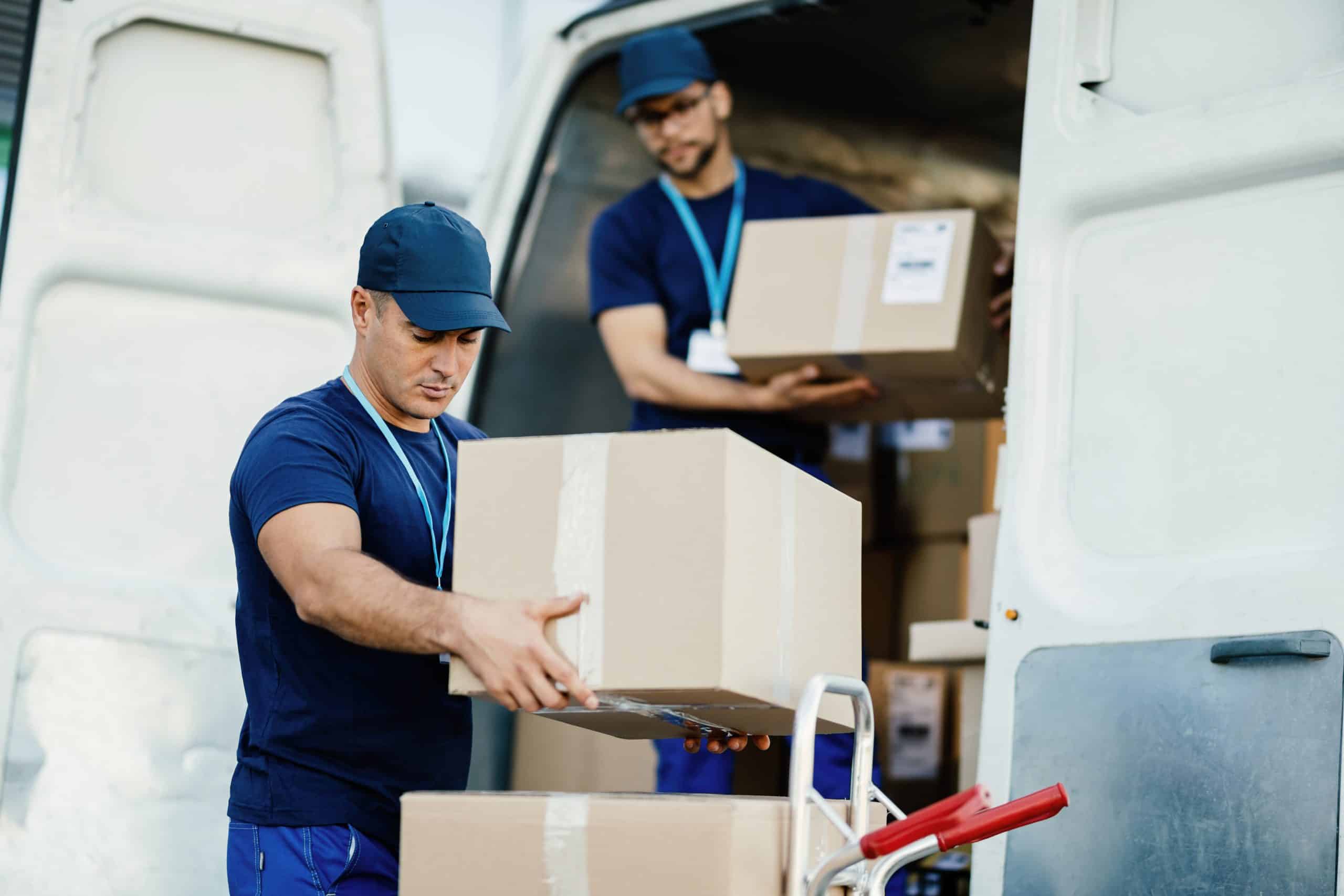 Young courier and his colleague unloading cardboard boxes from delivery van.